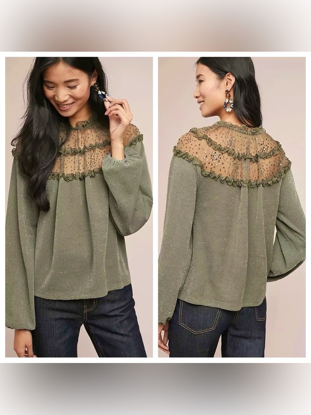 Ranna Gill Anthropologie Bowen Blouse Sage Green Metallic XL